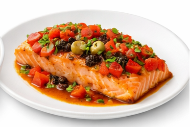 Mediterranean Tomato-Olive Salmon — Mediterranean-style salmon with tomatoes and olives

