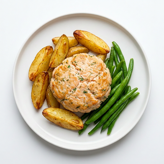 Lightly golden salmon cake with roasted potato wedges and green beans on a white plate.”