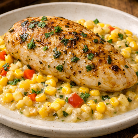 Chicken bake with sweet corn and herb cream sauce.