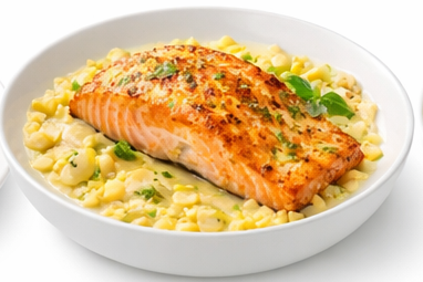  
Sweet Corn Chowder Salmon — salmon with creamy summer corn chowder