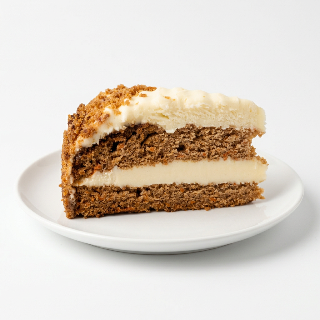 Enhanced carrot cake slice on a clean white background