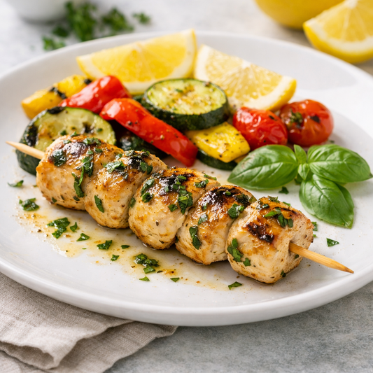 Lemon-Basil Chicken Skewer — grilled chicken skewer with lemon and basil

